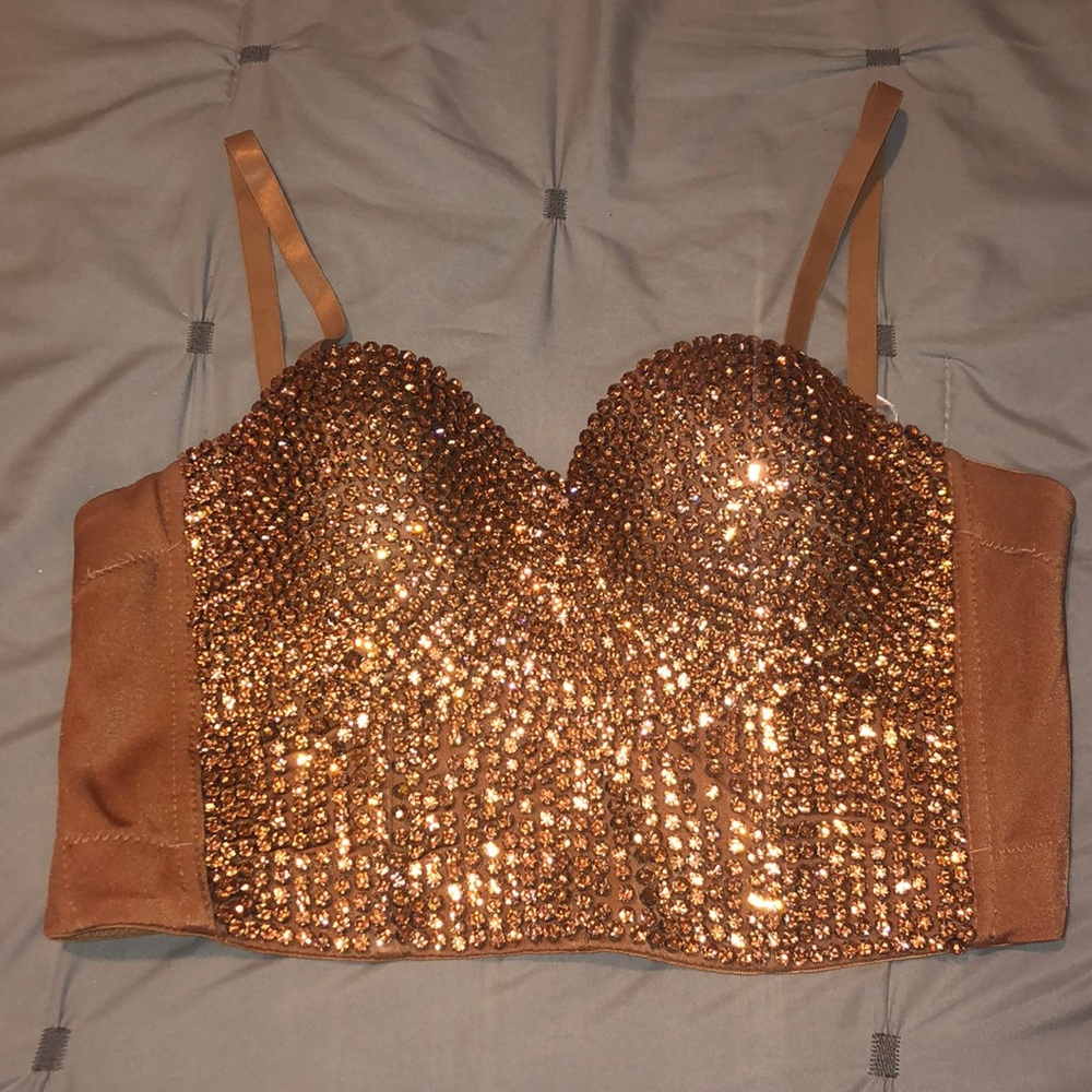 Rhinestone Nude Crop Corset Tank Top Size Small